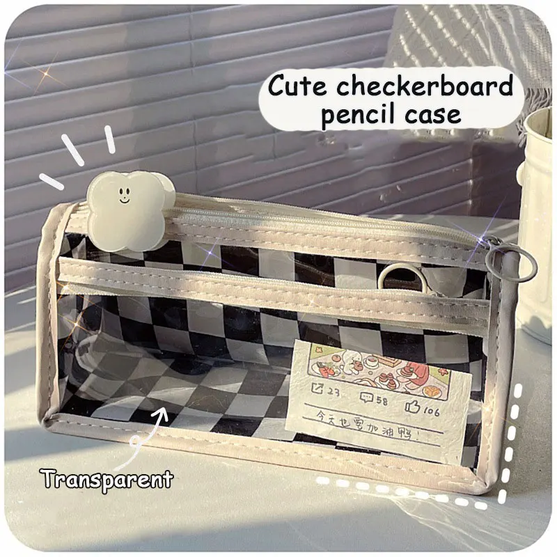 

Lattice Pencil Bag Checkerboard Pattern Pen Case Transparent Waterproof Storage Pouch for Student Kawaii Stationery School