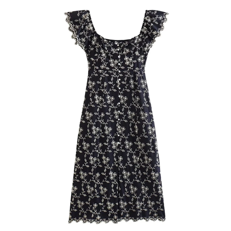 

Dave&Di French Country Style Embroidery Floral Sleeveless Midi Dress For Women Fashion Elegant Tank Dress Ladies