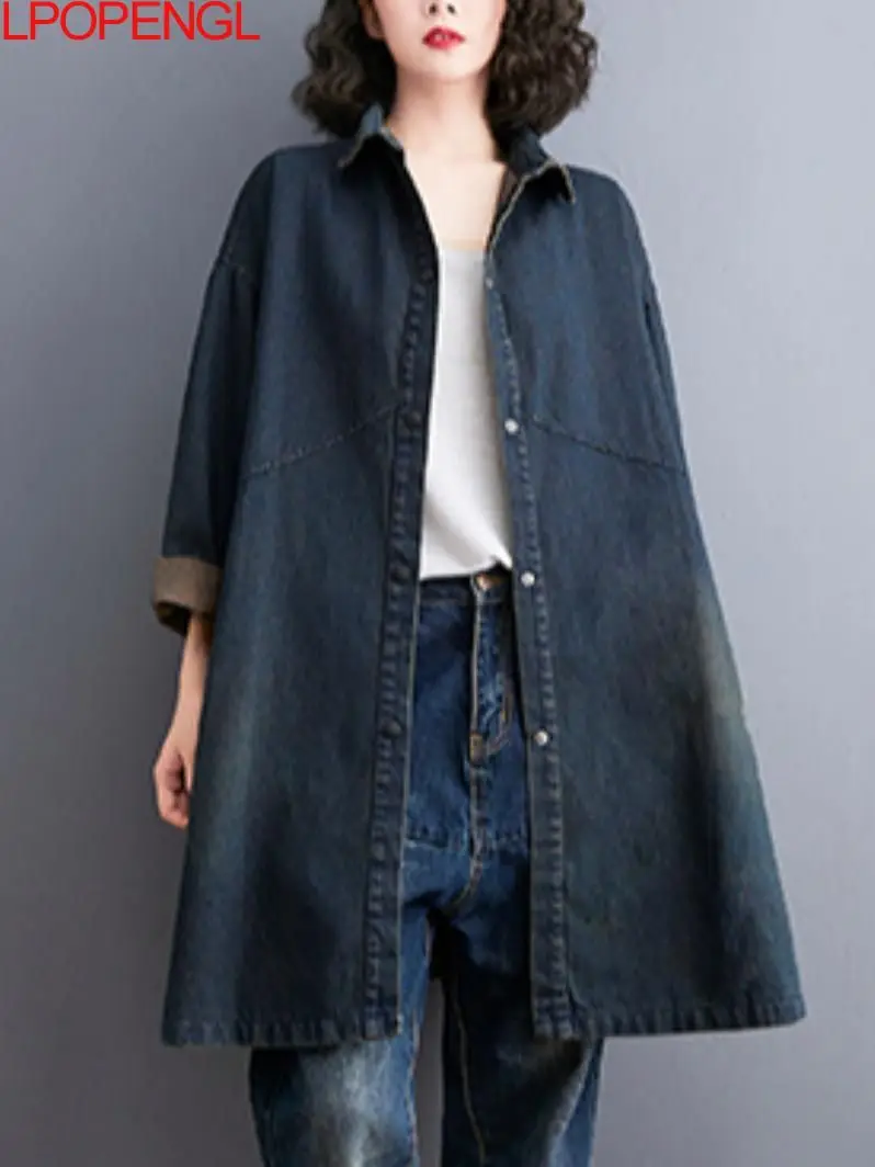 

New Autumn Loose Fitting Women's Versatile Retro Long Sleeved Casual Windbreaker Mid Length Single Breasted Denim Jacket Trend