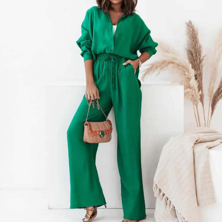 Women 2022 Elegant Two Piece Sets Loose Solid Long Sleeve Shirt +Wide Leg Straight Pants Casual Suit Office Ladies Female Outfit