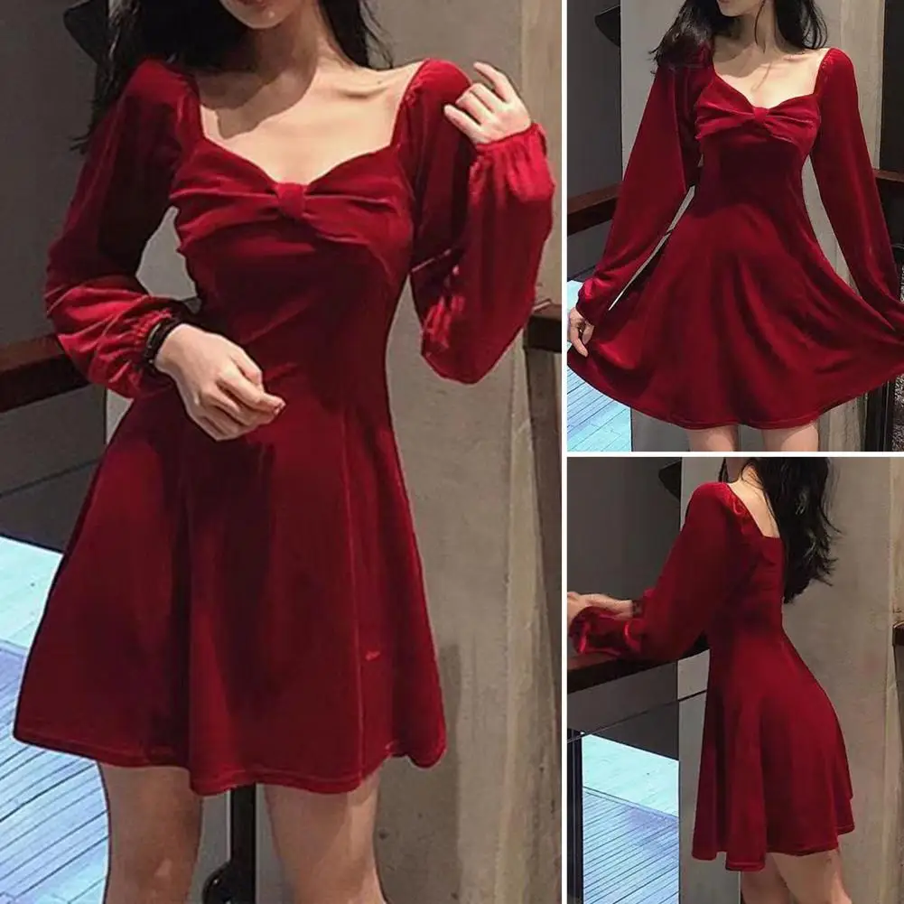 

Mini Dress High-Waist Comfy Above Knee Women Casual Square Collar Long Sleeve Fairy Dress Retro Dress Female Clothing