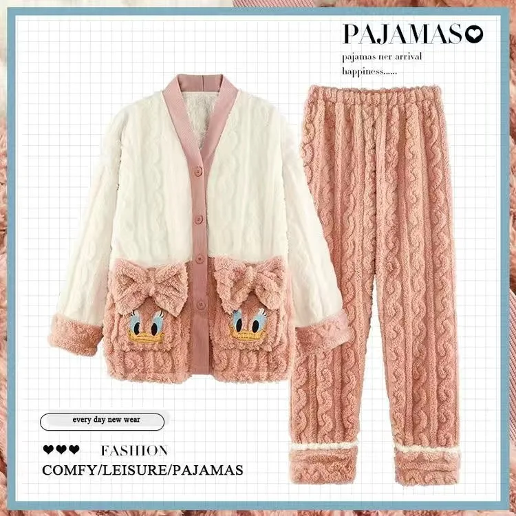 2022 Autumn Winter Pajamas Set Women Sleep Shirt Pant Set Sleepwear Warm cotton Nightgown Female Cartoon Bear Animalimal Pijamas
