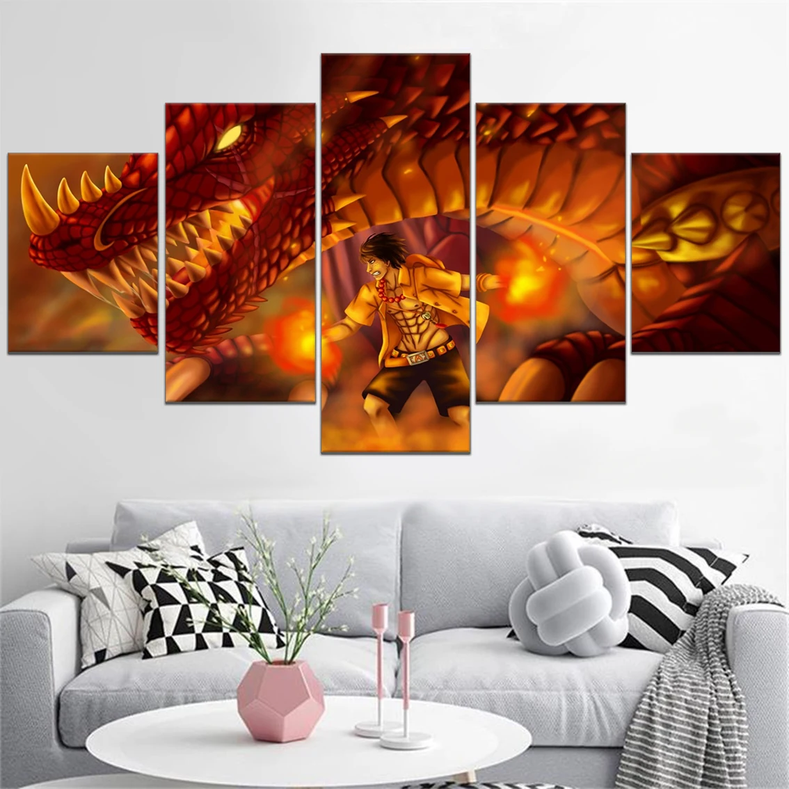 

One Piece Canvas Paintings 5 Pieces Prints Anime Dragon Portgas D. Ace Poster Pictures Wall Art For Bedroom Home Decor Modular