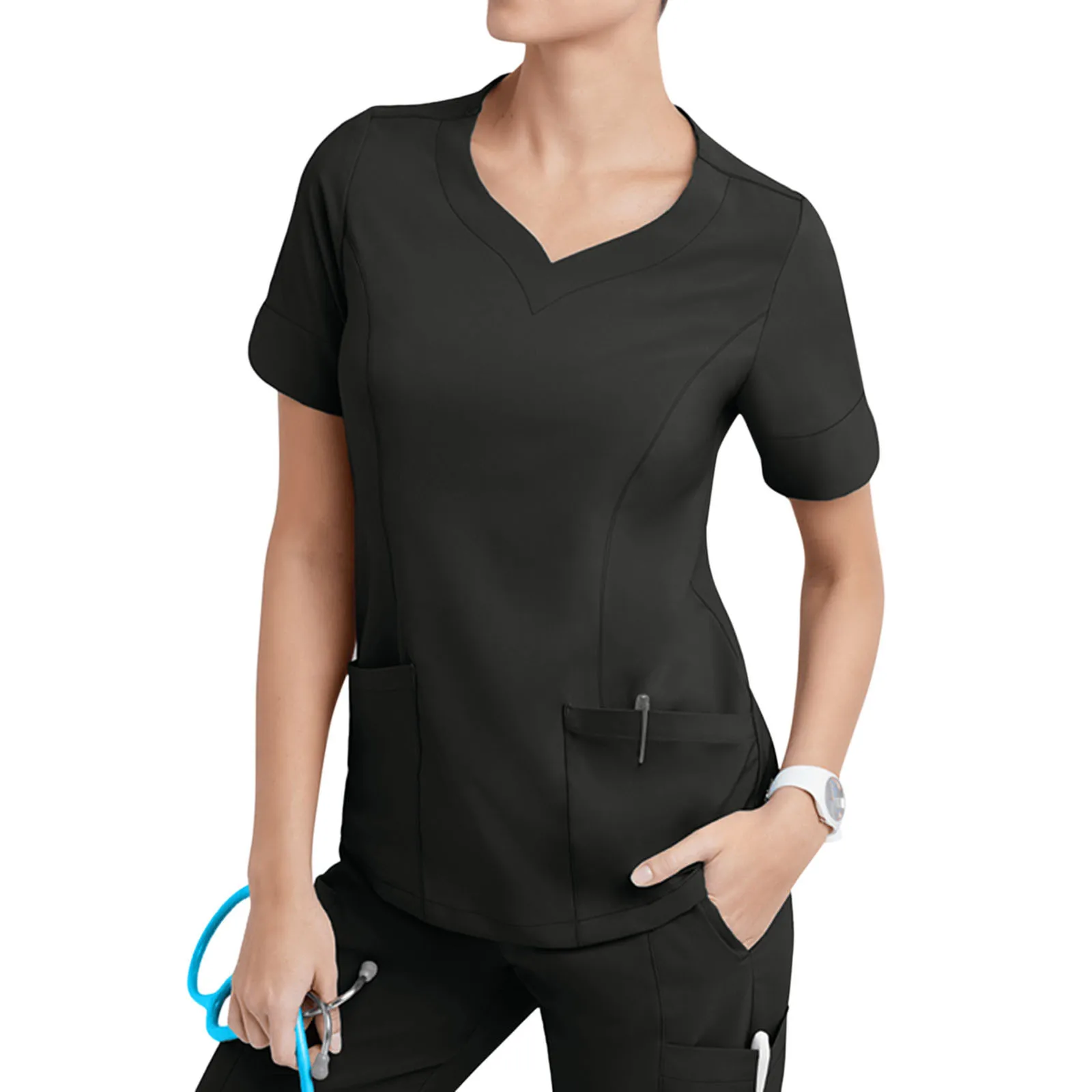 

Однотонная женская одежда с карманами, V-образным вырезом и коротким рукавом, облегающая одежда для работы, тонкая униформа медсестры для женщин