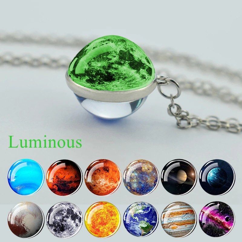 

Glow In The Dark Solar System Planet Necklace Galaxy Nebula Space Necklace Moon Earth Sun Mars Picture Glass Ball Pendant