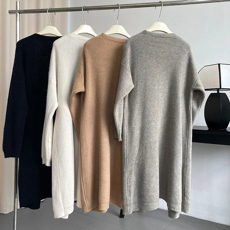 Женский осенне-зимний длинный кардиган с V-образным вырезом