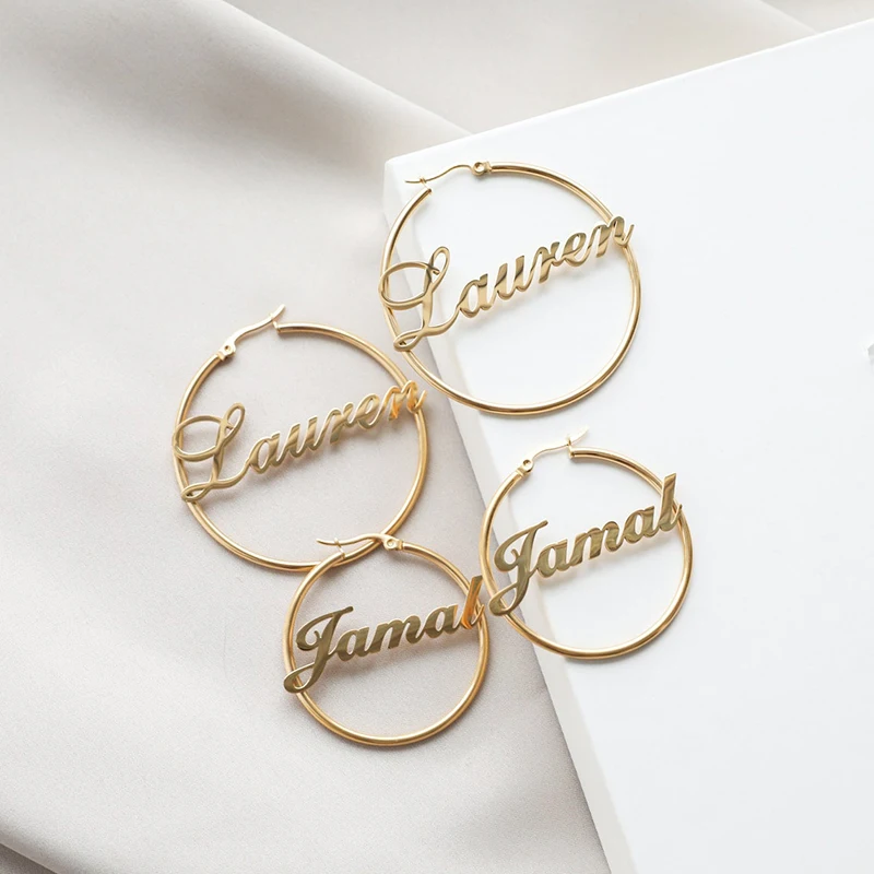 Personalized Name Stainless Steel Hoop Earrings For Women Custom Letter Circle Earrings Weddings Party Gift Women's Jewelry