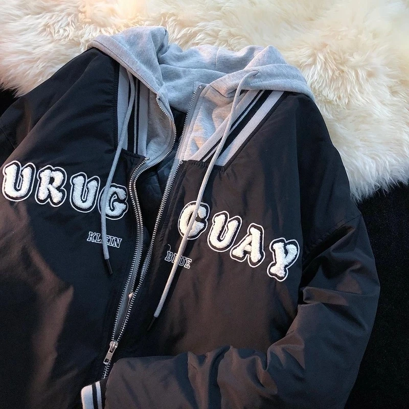 ColdYingan Japanese Cute Fake Two-piece Niche Design Zipper Hooded Loose Padded Jackets Winter Padded Down Jackets for Women