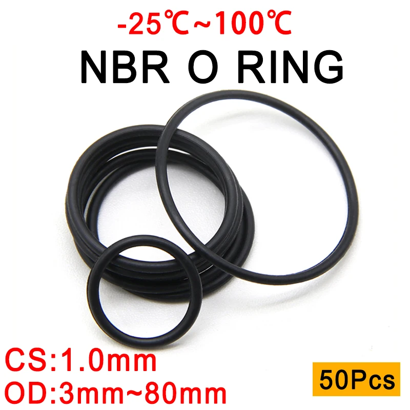

50pc NBR O Ring Seal Gasket Thickness CS 1mm OD 3~80mm Nitrile Butadiene Rubber Spacer Oil Resistance Washer Round Shape Black