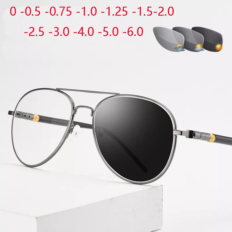 Outdoor Shade Sun Photochromic Pilot Myopia Glasses With Prescription Eyewear Men Oval Sunglasses Diopter 0 -0.5 -0.75 To -6.0