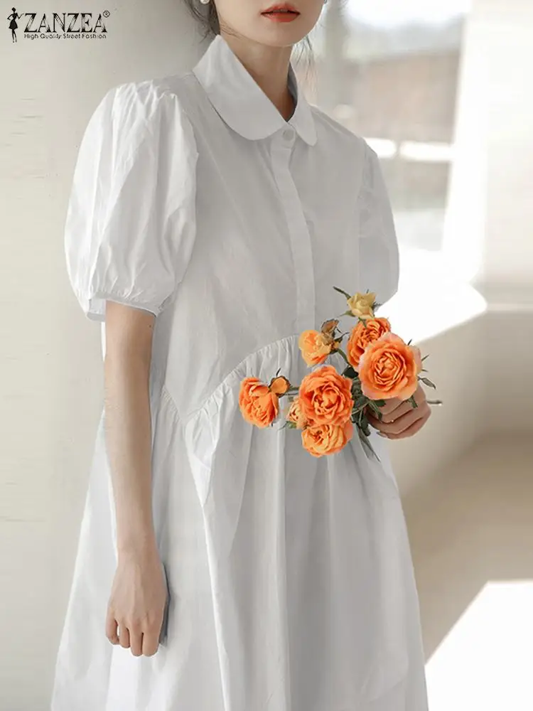 

ZANZEA Elegant Puff Sleeve Vestidos 2022 Summer Holiday Knee Robe Women Solid Shirt Dress Casual OL Lapel White Dresses Oversize