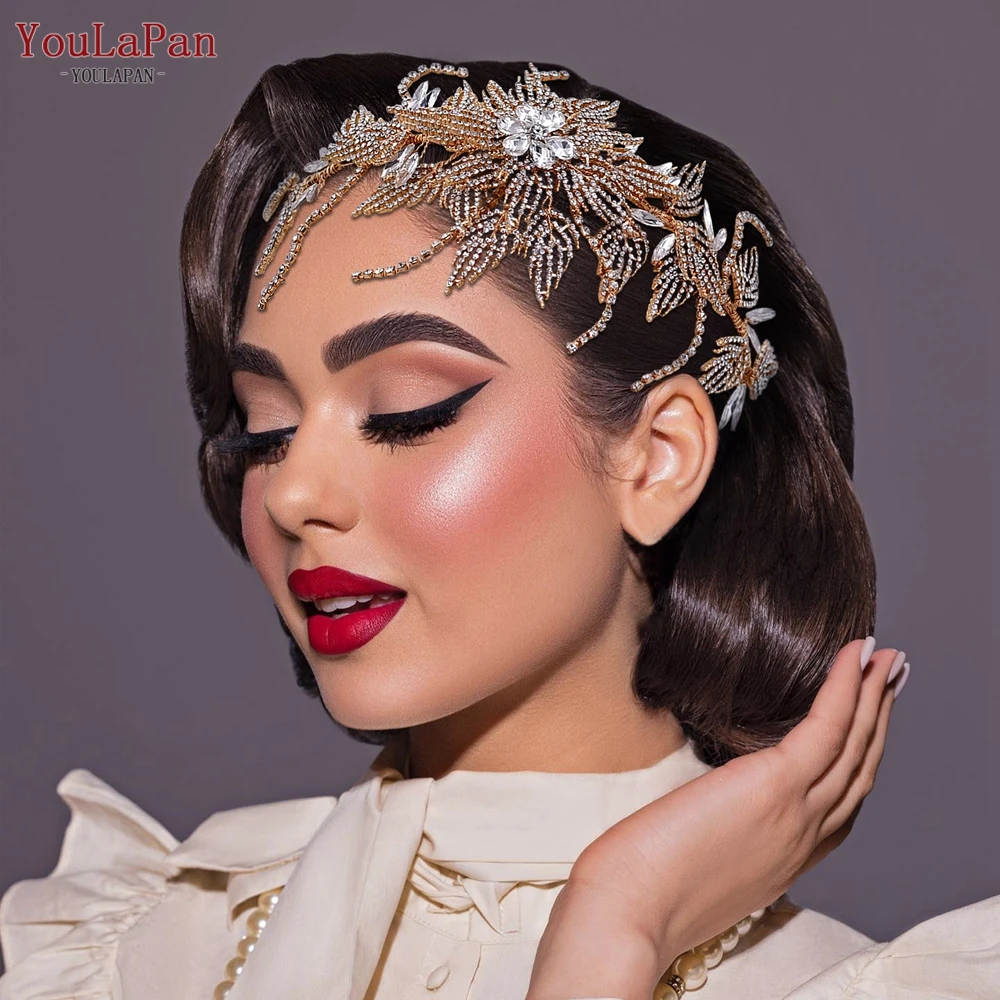 TOPQUEEN золотой цвет листья головной убор для невесты свадебный головной убор Стразы головная повязка для невесты женский головной убор украшения HP380