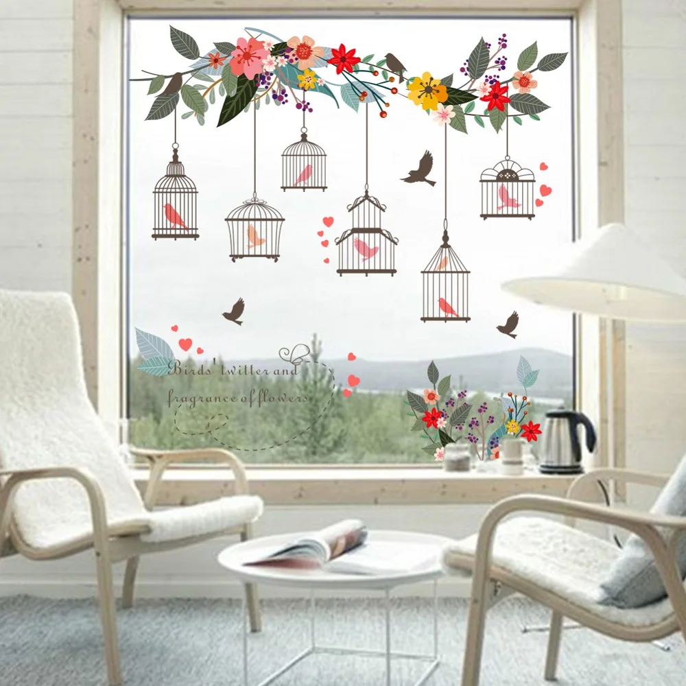 

Colorful Flower Birdcage Flying Birds Wall Sticker Creative Home Decor Living Room Decals Wallpaper Bedroom Nursery Window Decor