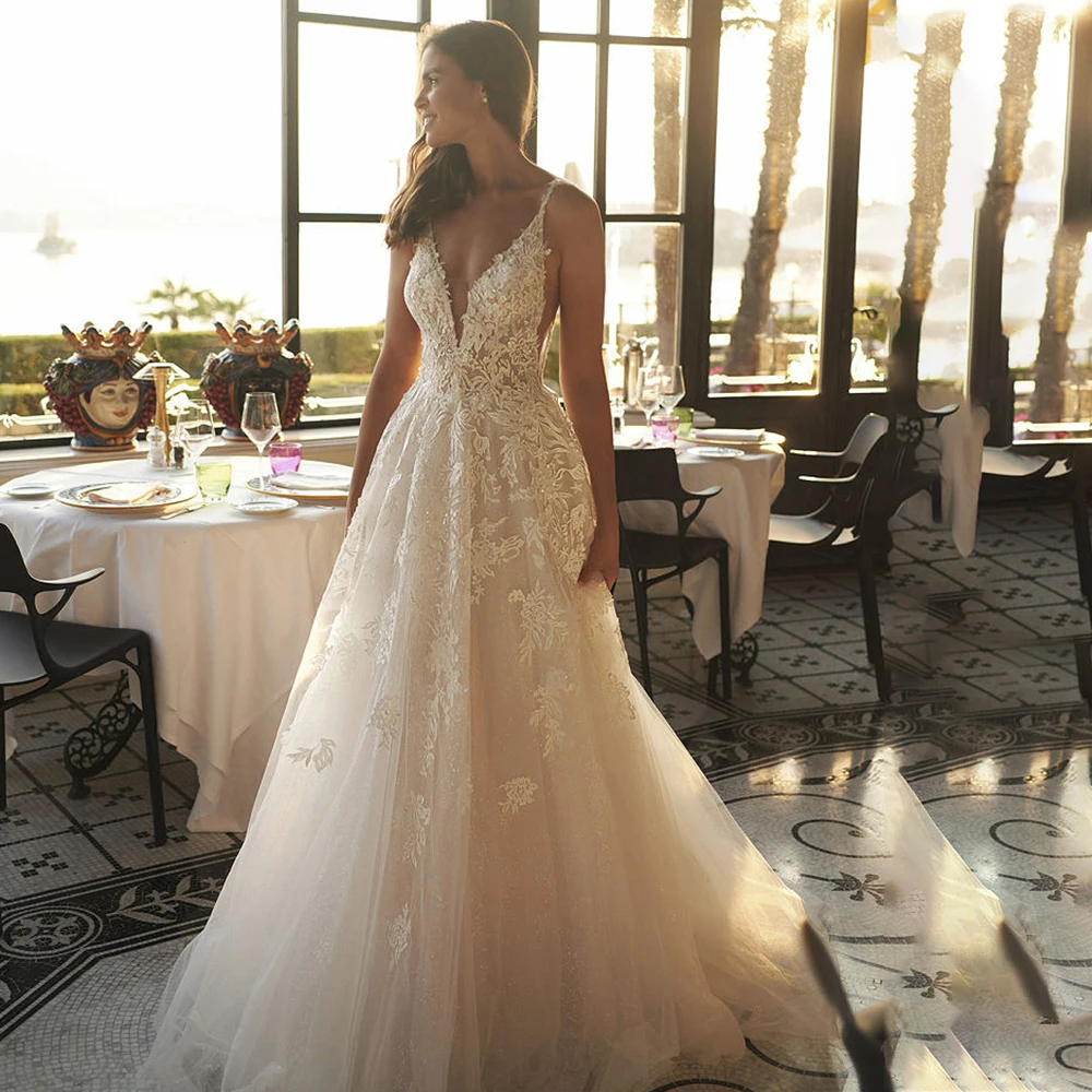 

Женское свадебное платье А-силуэта, очаровательное ТРАПЕЦИЕВИДНОЕ платье в пол из тюля на бретельках-спагетти с V-образным вырезом и открытой спиной, на заказ