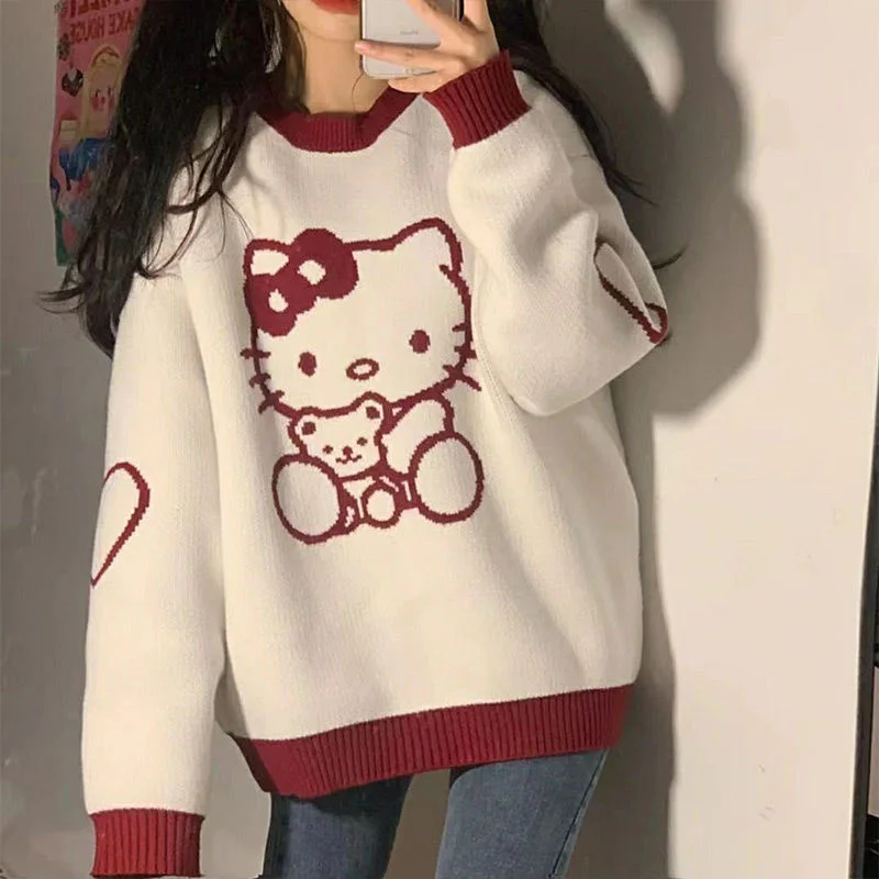 

Женская Осенняя одежда для девочек, пуловеры с круглым вырезом Hello Kitty, свободный цветной свитер, топ, корейский свитер, женский модный свите...