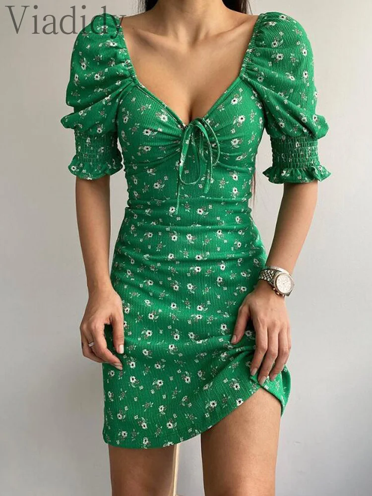 

Women Casual Puff Sleeve Floral Print Drawstring Ruched Dress