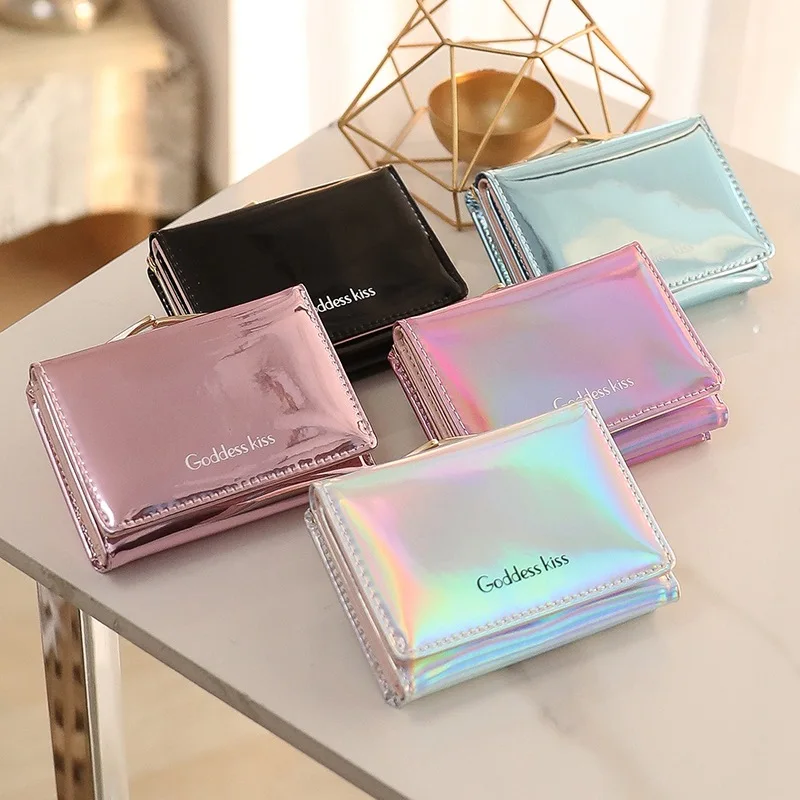 

Cute Folding Multifunctional Wallet Short Coin Purse Wallet PU Leather Card Holder Laser Colorful Coin Purses 2022 New Women