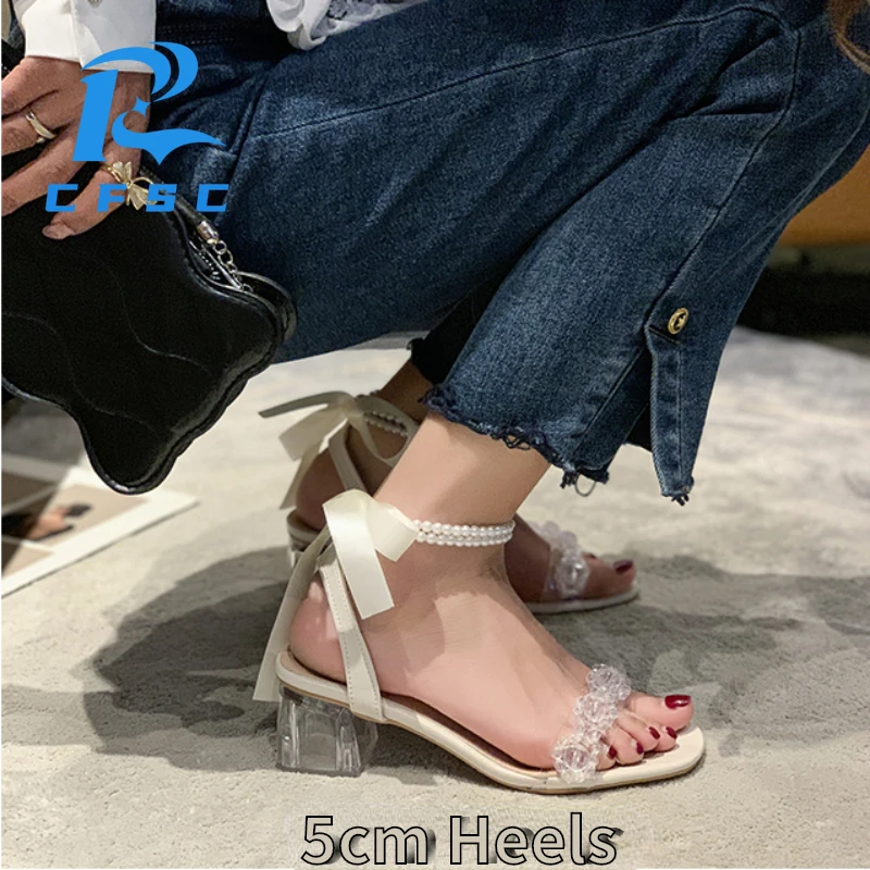 

Sandals Woman Summer 2022 New Crystal Sweet Elegant Square Toe Pearl Silk Bowknot Clear High Heels Plus Size 43 Women Sexy Shoes