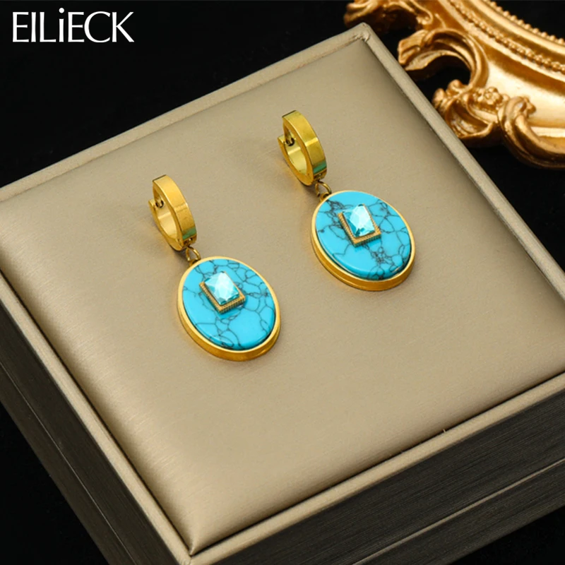 

EILIECK 316L Stainless Steel Green Stone Pendant Earrings For Women Girl Retro Bohemia Earrings Jewelry Birthday Gift Party