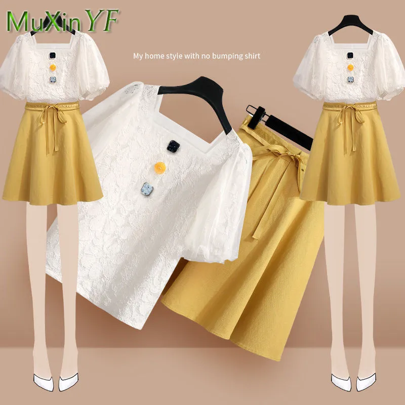 

Women's Fashion Skirt Suit 2022 Summer New Casual Square Neck Short Sleeve Top Bow Mini Skirts Two Piece Korean Elegant Set