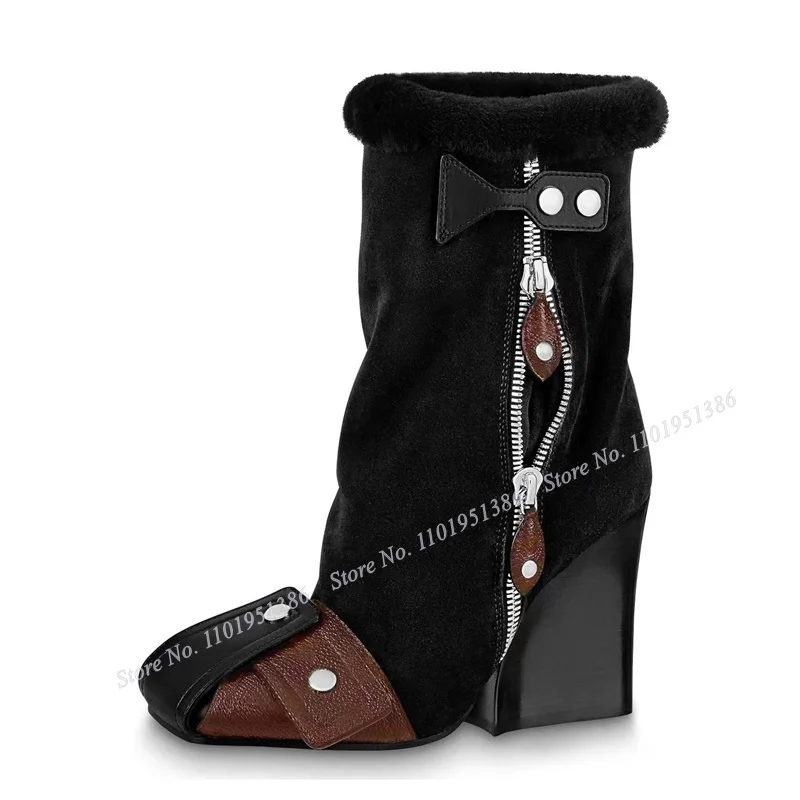 Moraima Black Zipper Decor Fleece Boots Chunky Heel Shoes for Women Square Toe Real Picture Mid Calf Runway Zapatillas Mujer