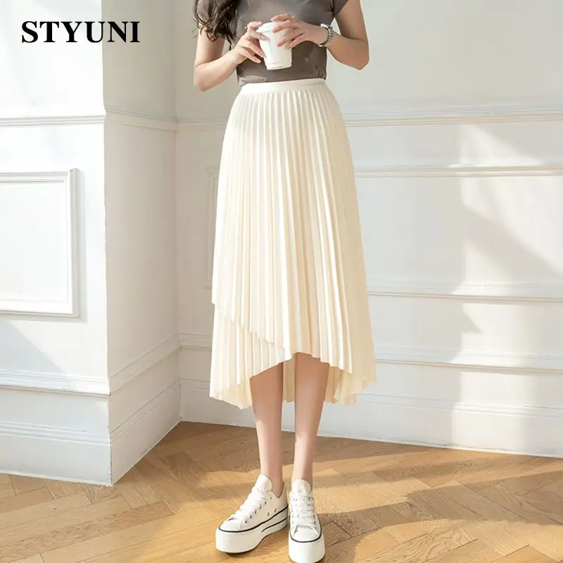 

Irregular Pleated A-line Elastic High Waist Elegant Chic Women's Skirt Korean Fashion Mid-Calf Long Skirts For Women 2023 Summer