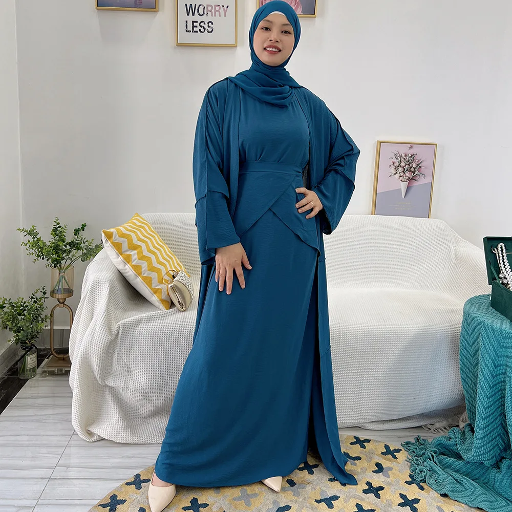 3 Pieces Set Matching Set Muslim Maxi Dress Women Clothing Hijab Open Abaya For Turkey Iran Dubai Ramadan Islam Skirt