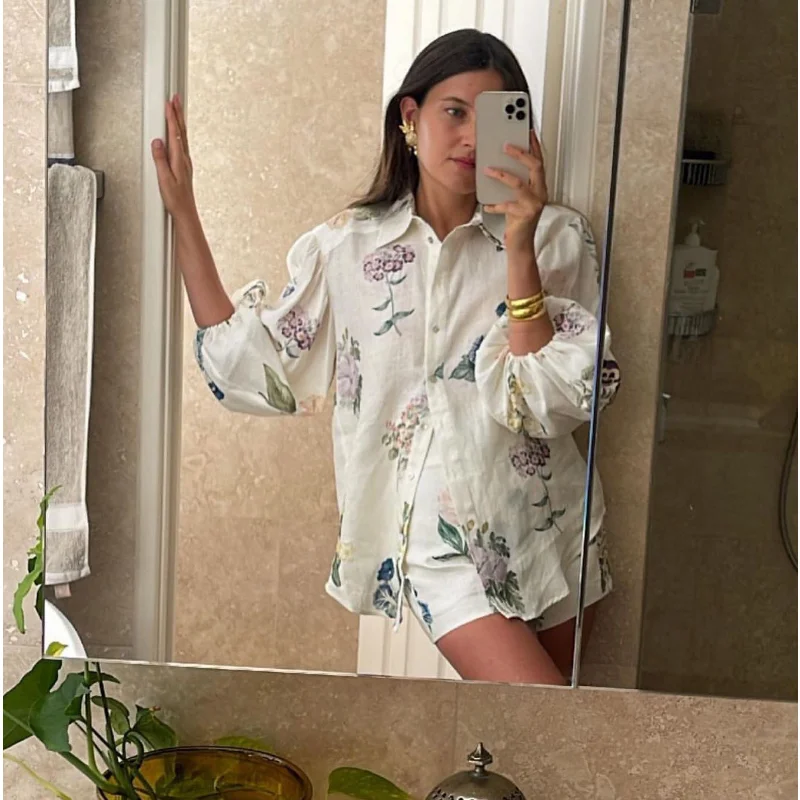 Women Flower Pattern Loose Versatile Linen Shirt or Shorts Set Womens Clothing