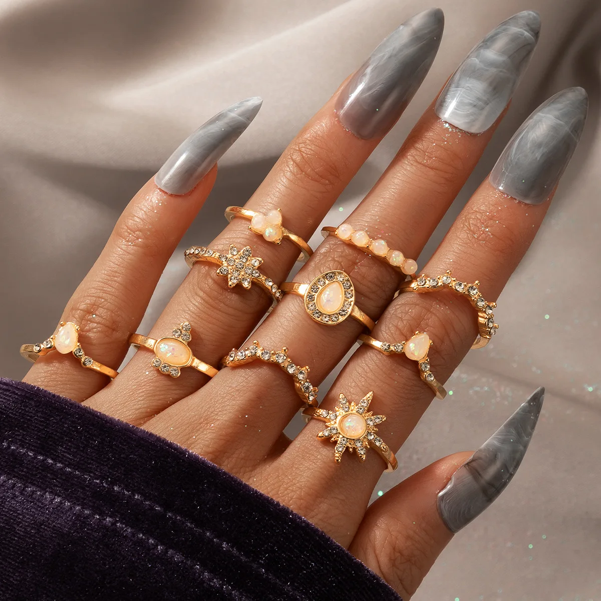 

10PCS Fashion Resin Crystal Ring Set for Women Finger Star Water-drop Sun Flower Rings Party Joint Jewelry Anillos bijoux femme
