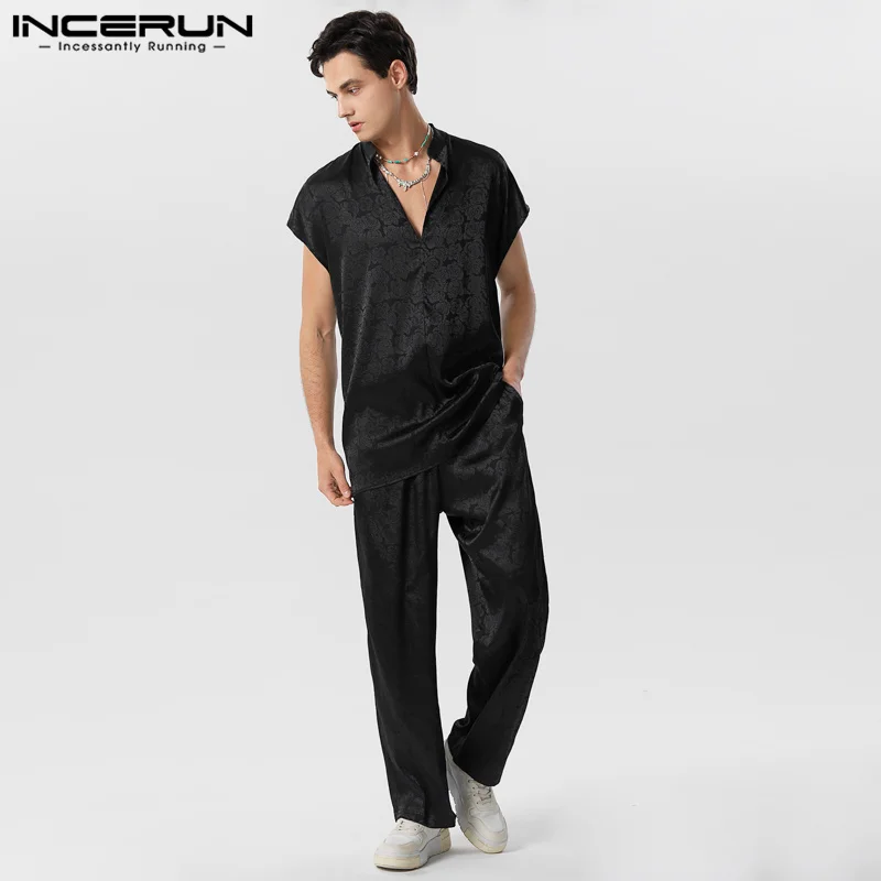 

INCERUN Men Sets Flower Printing Streetwear V Neck Sleeveless Shirt & Elastic Waist Pants 2PCS Oversize 2023 Men's Casual Suits