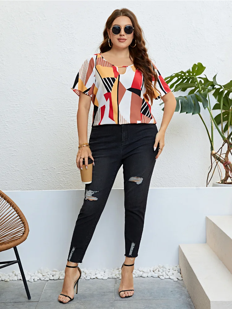 Summer round neck patchwork color loose breathable top top plus size  t-shirts  roupas femininas