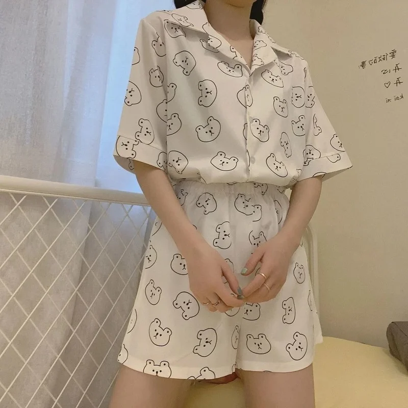 Пижамы в Корейском стиле с принтом медведя женские комплекты одежды летняя