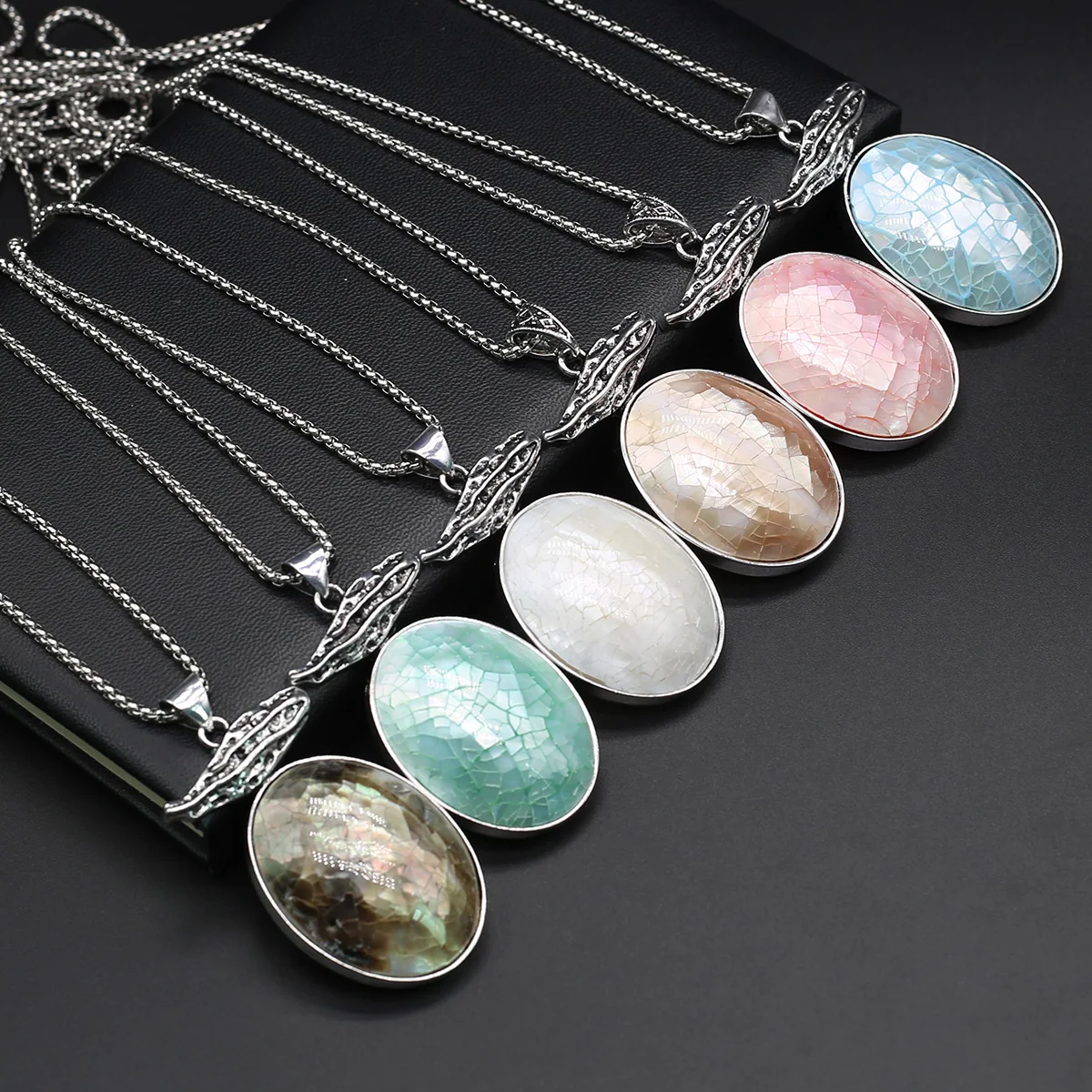 

Natural Stone Agate/Shell/Opal Stone/Egg Shaped Pendant Metal Chain Necklace Reiki Heal Women's Jewelry Gift 33x56mm