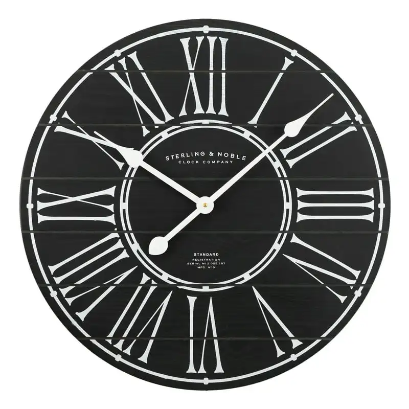 

Indoor Black Analog Round Modern Farmhouse Wall Clock with Roman Numeral