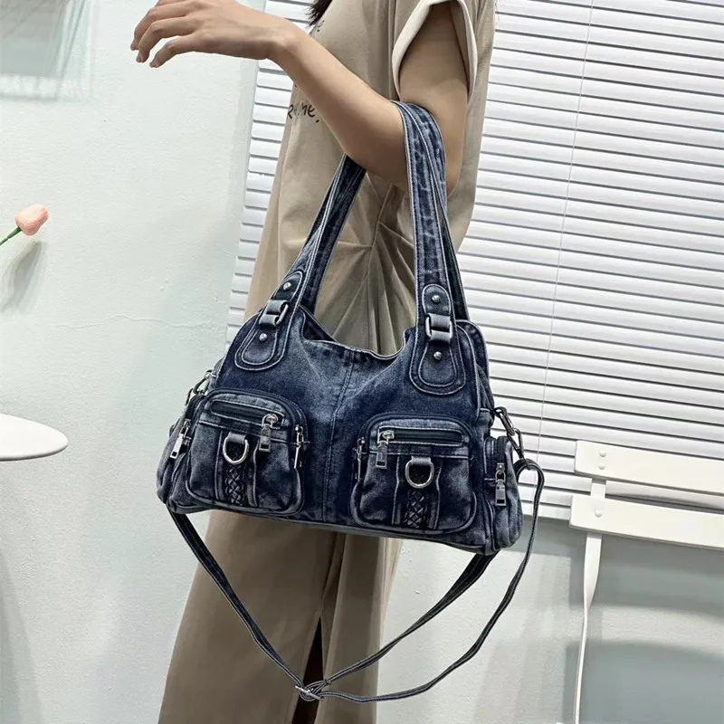 Женская джинсовая сумка в стиле панк голубая плетеная Сумочка через плечо с