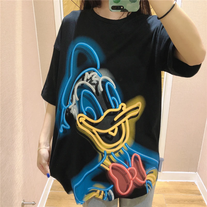

Summer T-shirt Women's Donald Duck Minnie Cartoon Print New Black Short-sleeved T-shirt Loose Large Size Casual Bottoming Shirt