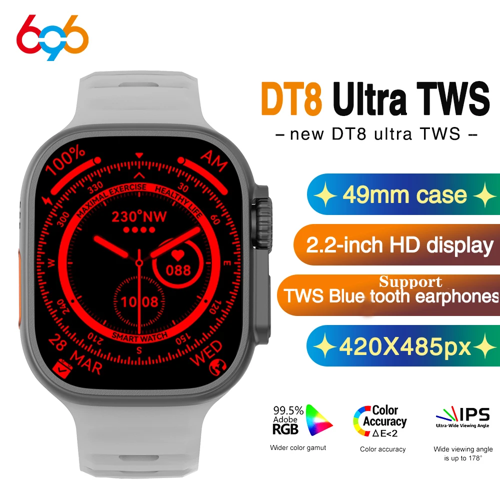 

Новинка, умные часы DT8 Ultra TWS для мужчин и женщин, 2,2 дюйма, часы с синими зубьями для звонков, записи звука, компас, голосовой помощник MT3, умные часы
