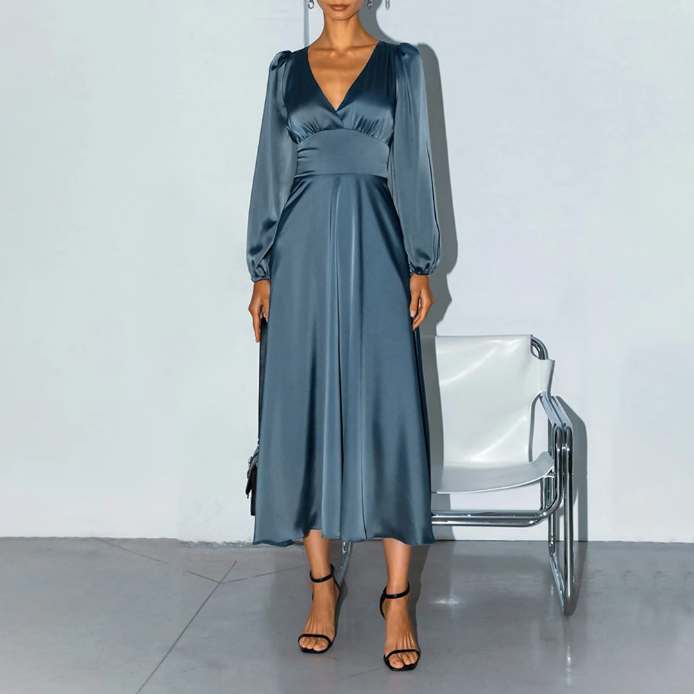 

Платье женское вечернее атласное средней длины, элегантное приталенное с завышенной талией, с оборками и рукавами-фонариками, во французском стиле, на шнуровке