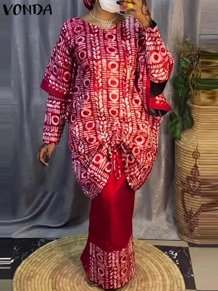 VONDA женские элегантные комплекты 2024 богемная одежда с принтом топ длинными
