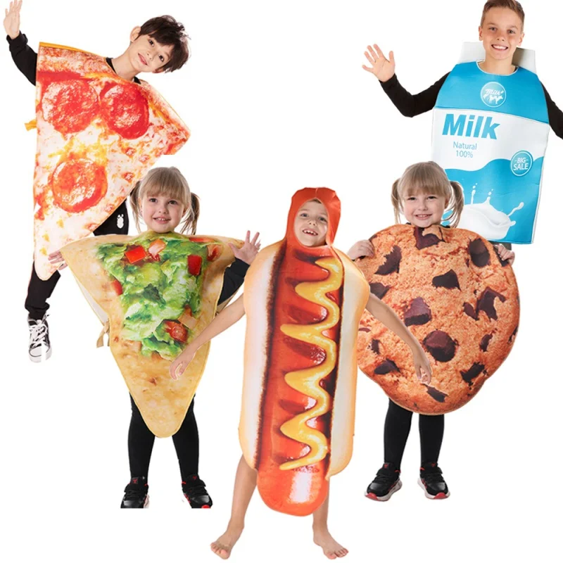 

Children's Costumes Kids Food Funny Costume For Purim Carnival Boys Hot Dog Cosplay Cheapest Pizza Milk And Cookies Costume 2021