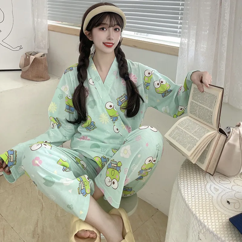 Japan Kimono Pajamas for Women Spring Autumn Pyjama V Neck Big Eyes Frog Cartoon Homesuit Long Sleeve Sleepwear Kawaii Nightwear