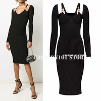 luxury designer women gold metal shoulder buckle sexy strap slim knitted long sleeve bodycon knitted a little black party dress
