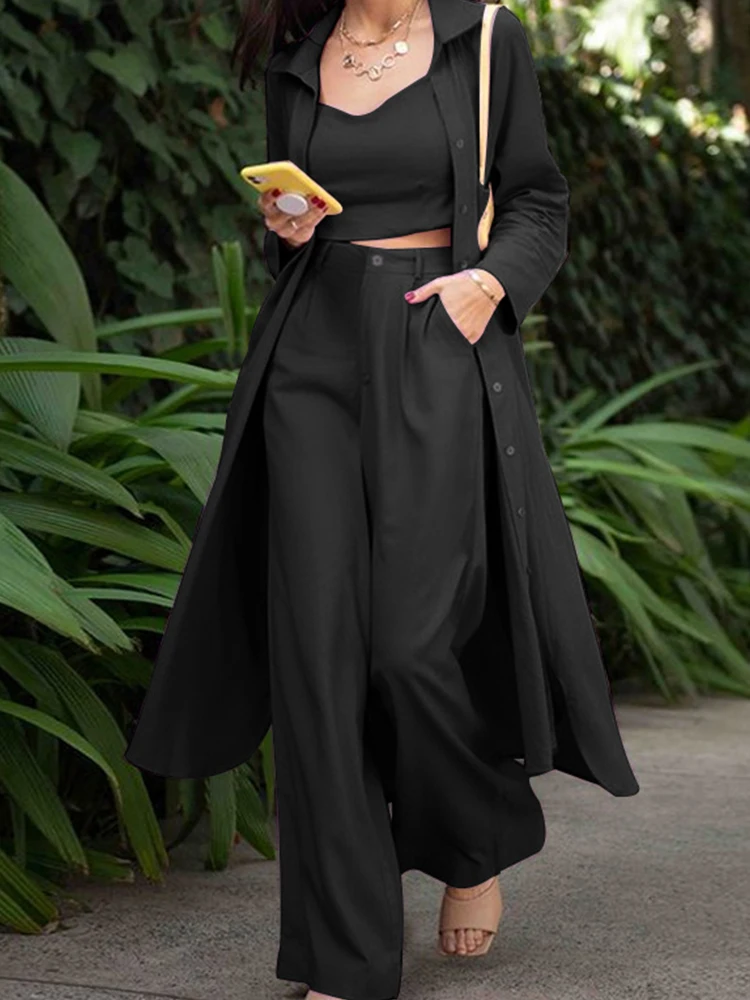 

Женские комплекты Kalevest Y2K, модное черное пальто Acubi из 3 предметов с длинным рукавом, сексуальный тонкий топ на бретелях, шорты с высокой тали...