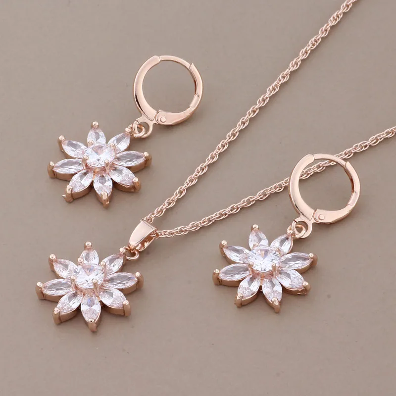

Classic Design 585 Rose Gold Color Jewelry Sets White Natural Zircon Flower Earring High Quality Luxury Elegant Women's Set