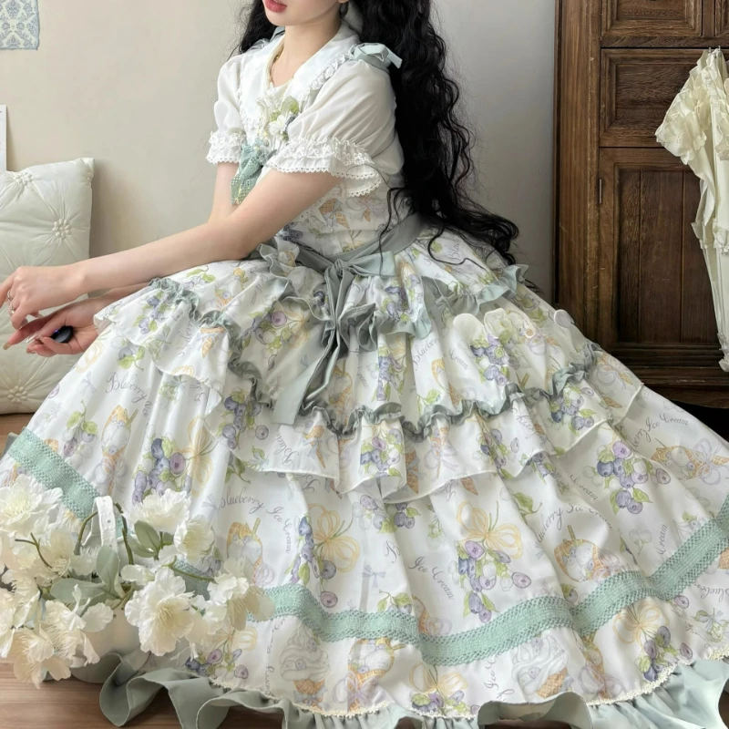 Фото Kawaii милое платье принцессы с принтом винограда и оборками и бантом, винтажное вечернее платье, милое элегантное женское платье Лолиты Jsk в викторианском стиле №1