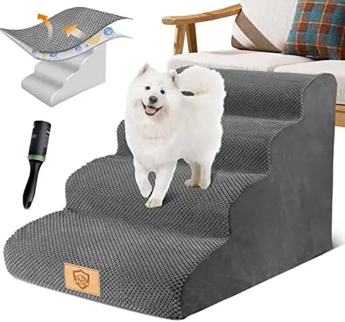 

Density Foam Dog Ramp 4-Steps,Extra Wide Deep Pet Steps,Non-Slip Ladder Stairs,Soft Dog Stairs for Portable Older Dogs,Injured P