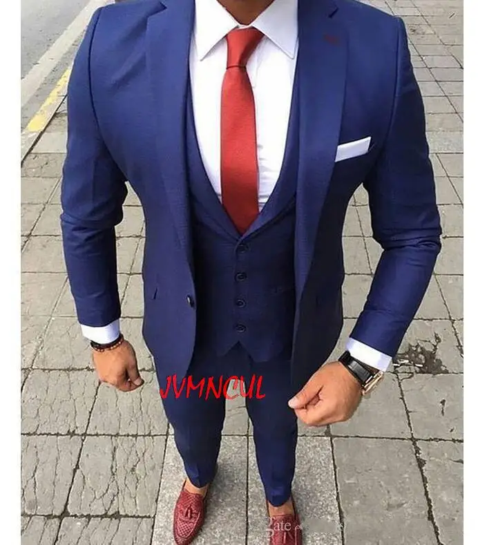 

Fashionable Slim Fits Blue Groom Tuxedos Notch Lapel Men Wedding Dress Blazer Dinner Party Business Suits (Jacket+Pants+Vest+Tie