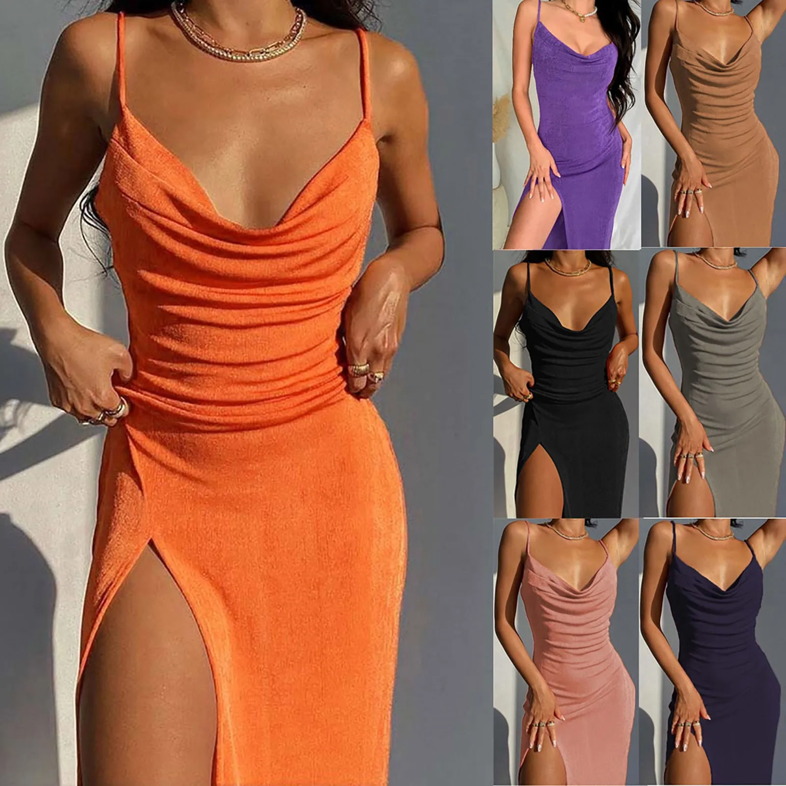 

Retro Sling Slit Dress Summer Sexy Sleeveless Silver Strappy Long Dress Gown Solid V-neck High Slit Sundress Party Dress Woman