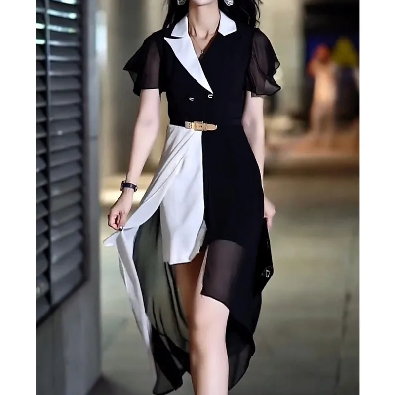 2022 Summer Women Dress New Royal Sister Temperament Thin Belt With Contrast Color Stitching Short Sleeved Suit Collar Clothing
