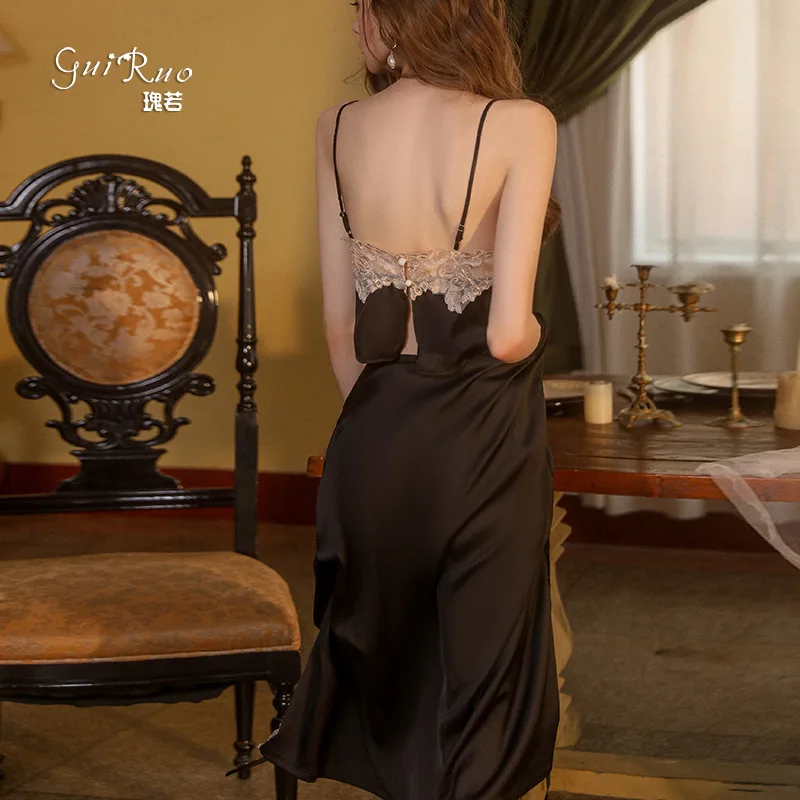 Women Sexy Pijamas Set Satin Lace Embroidered Halter Nightgown Top Shorts Robe Ladies' Sleepwear Femme Loungewear